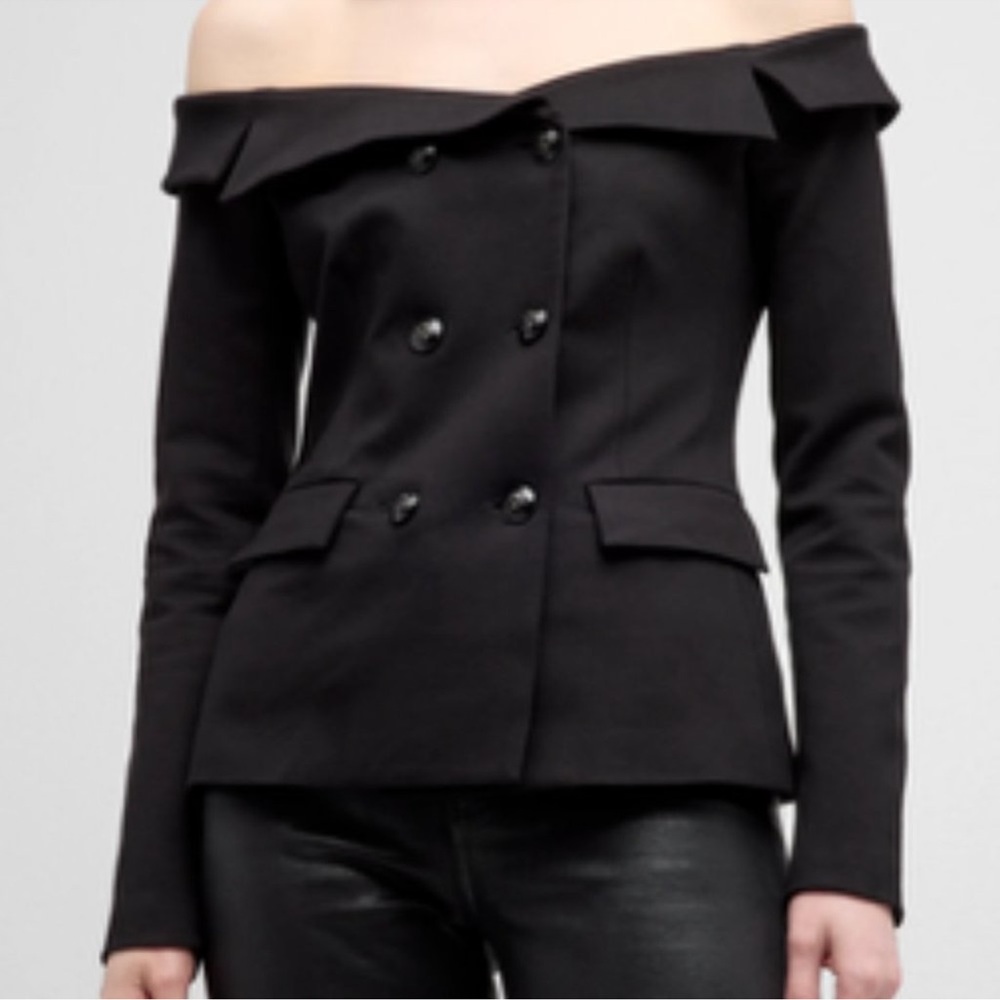 L' Agence Stephan Off-Shoulder Black Double-Breasted stretch Jacket XS - Picture 4 of 10